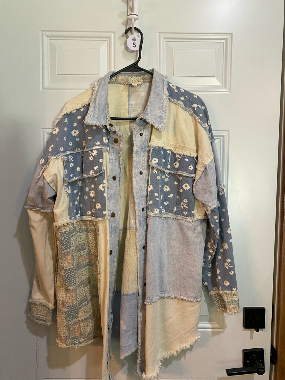Oli & Hali Patchwork Button-Down Shirt Jacket in Blue, Cream, Tan